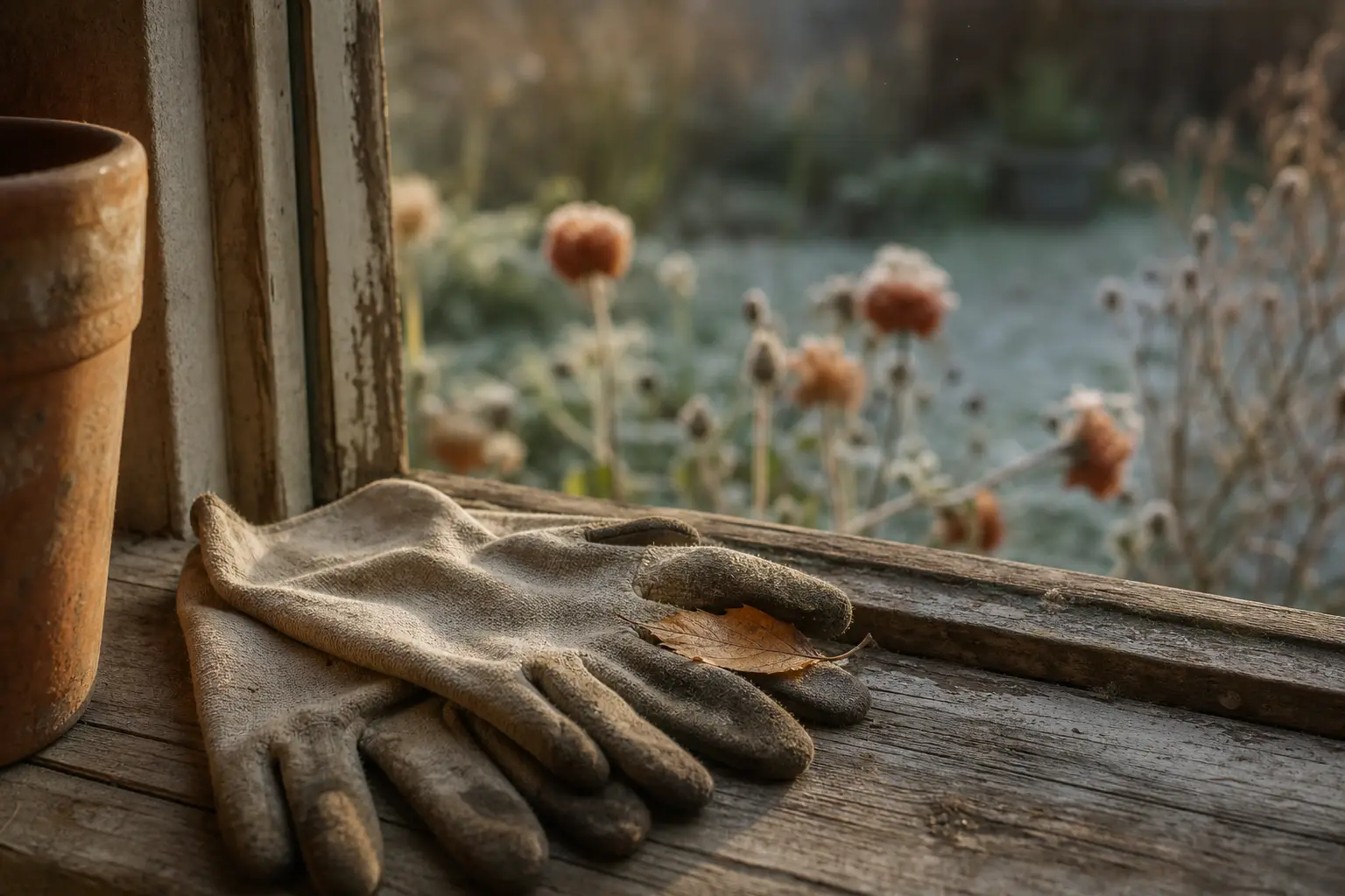 Abgelegte Gartenhandschuhe auf Fensterbank im Morgenlicht, Sinnbild für erschöpfte Kraft