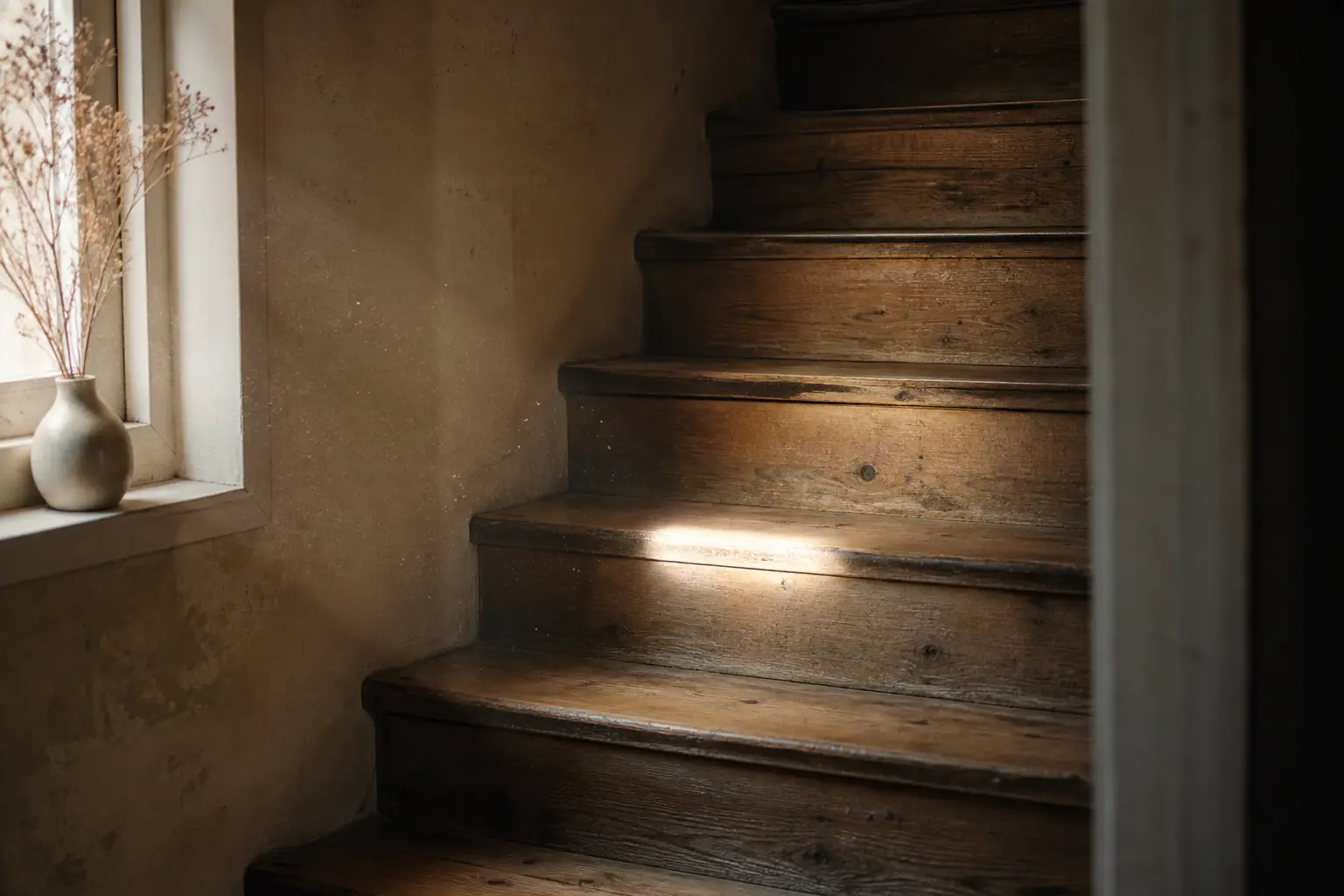 Alte Holztreppe mit abgewetzter vierter Stufe im Morgenlicht