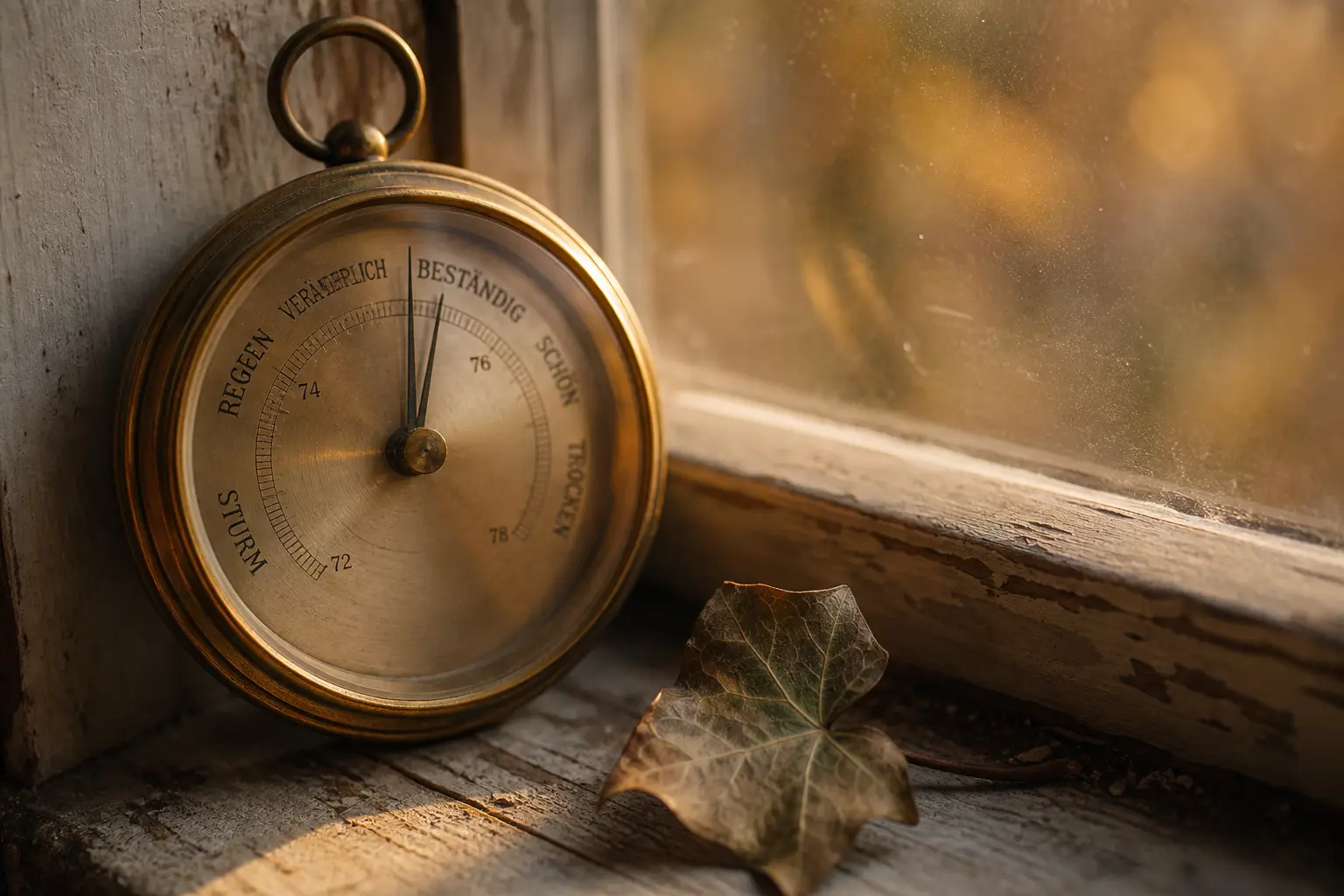 Altes Barometer auf Fensterbank zeigt beständiges Wetter