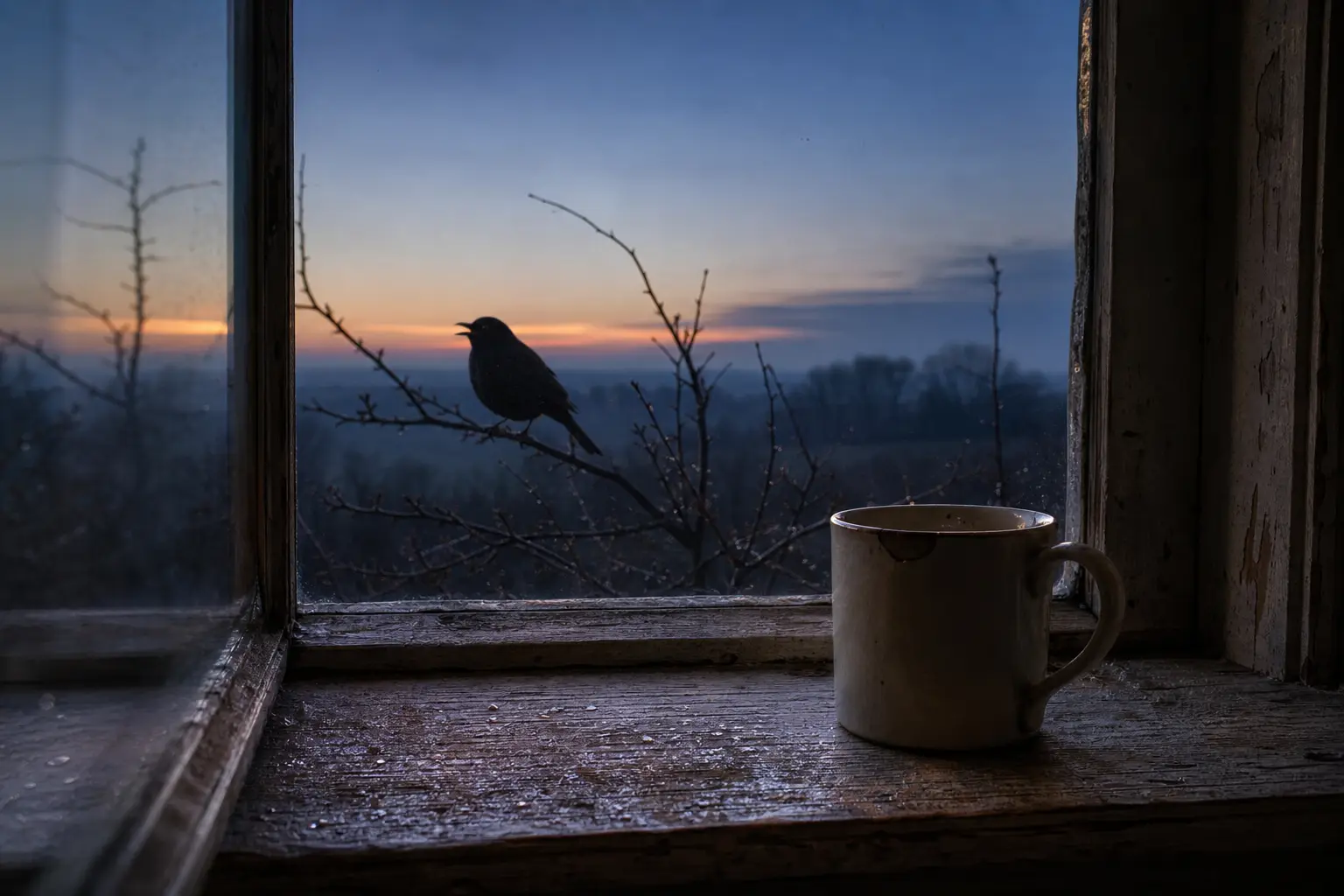 Amsel auf einem Ast vor einem Küchenfenster im Morgengrauen