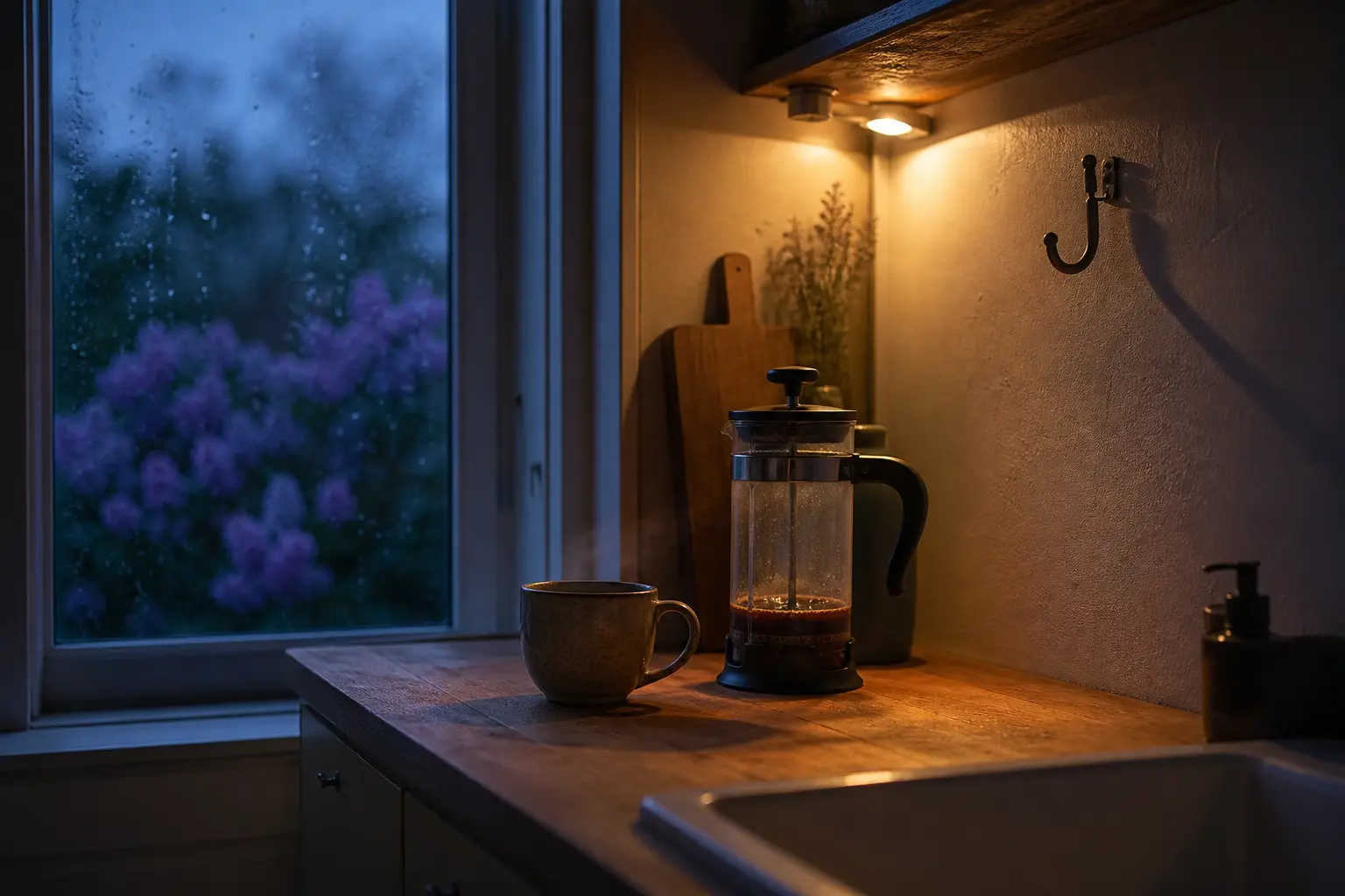 Dunkle Morgenküche mit einer einzelnen dampfenden Kaffeetasse auf einer Holzarbeitsplatte