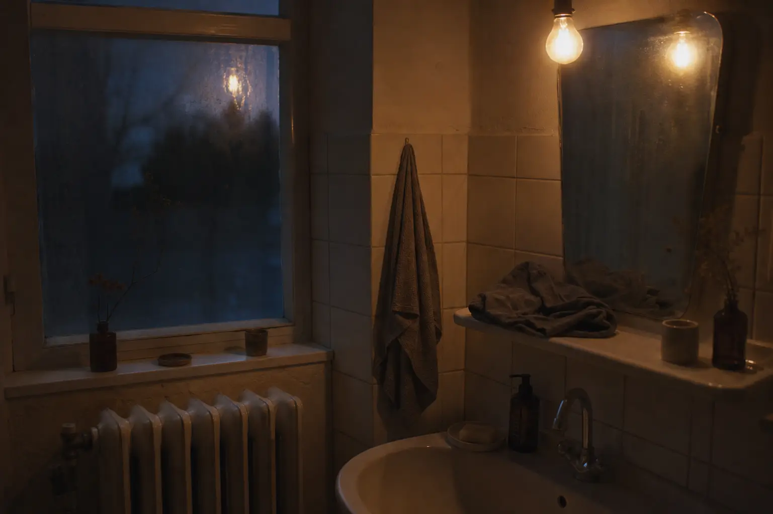 Dunkles Badezimmer im Winter mit beschlagenem Fenster und schwachem Lampenlicht über dem Spiegel