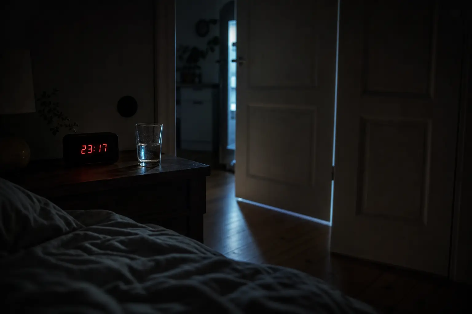 Dunkles Schlafzimmer nachts mit Lichtstreifen aus der Küche