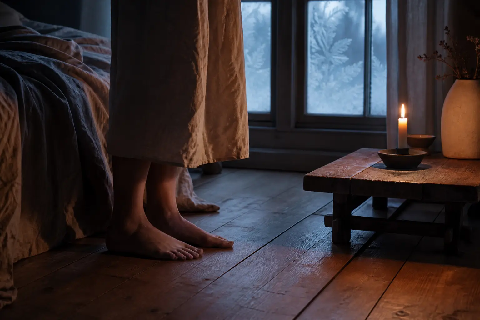 Füße auf kaltem Dielenboden im dunklen Winterschlafzimmer mit Kerzenlicht