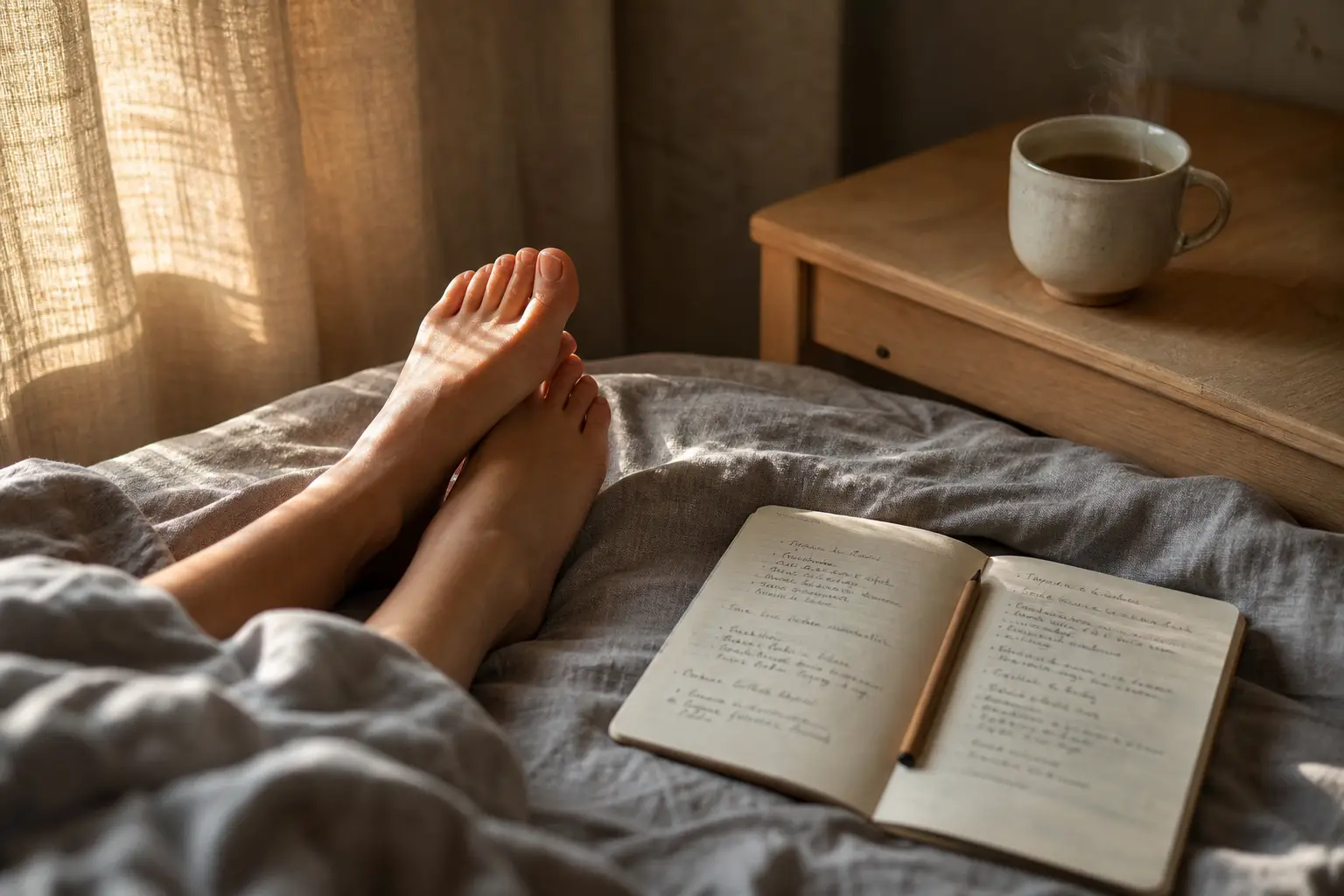 Füße strecken sich im Bett im Morgenlicht neben einem Notizheft