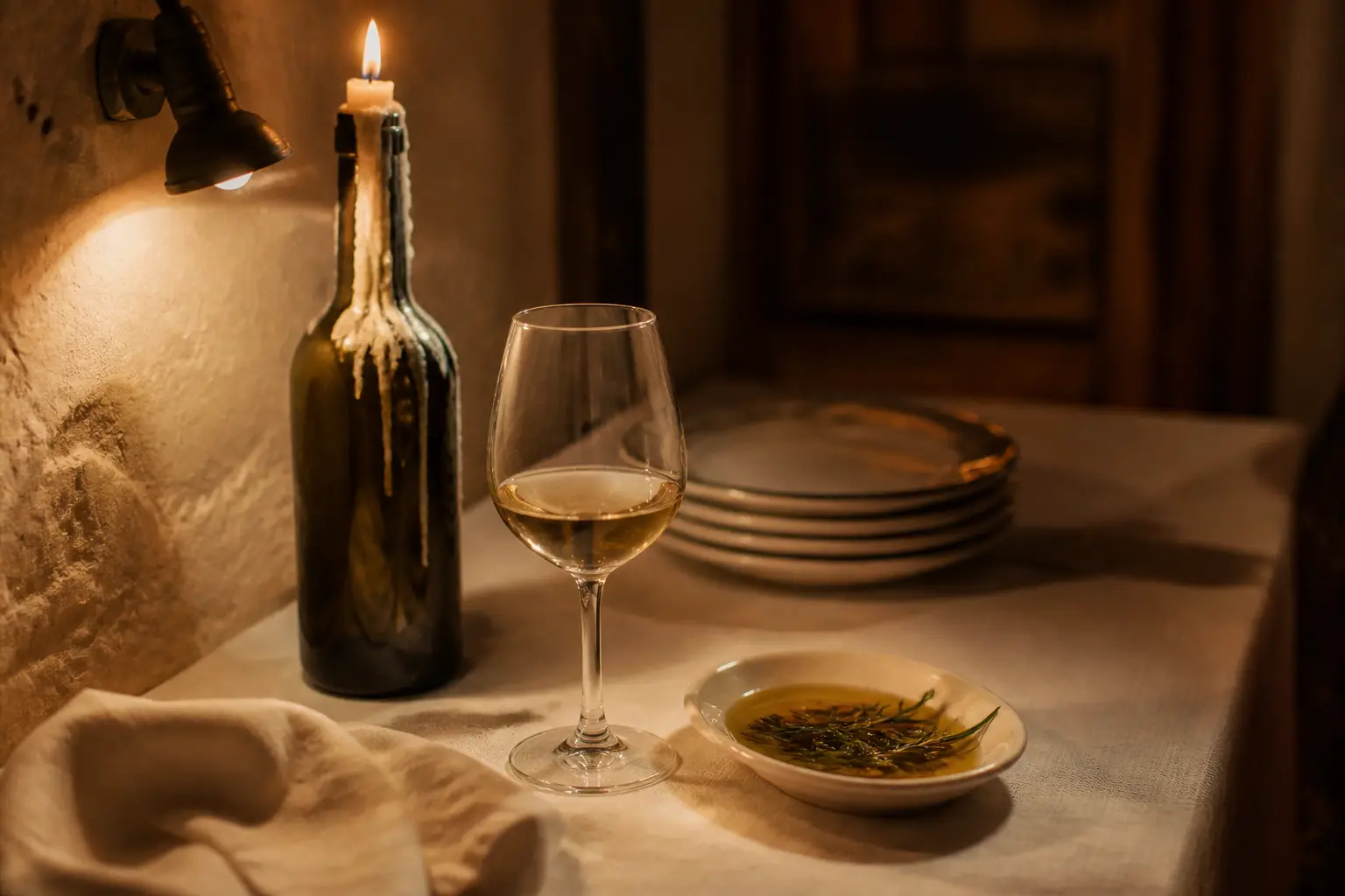 Gedeckter Tisch in einem italienischen Restaurant mit Kerze in einer Weinflasche