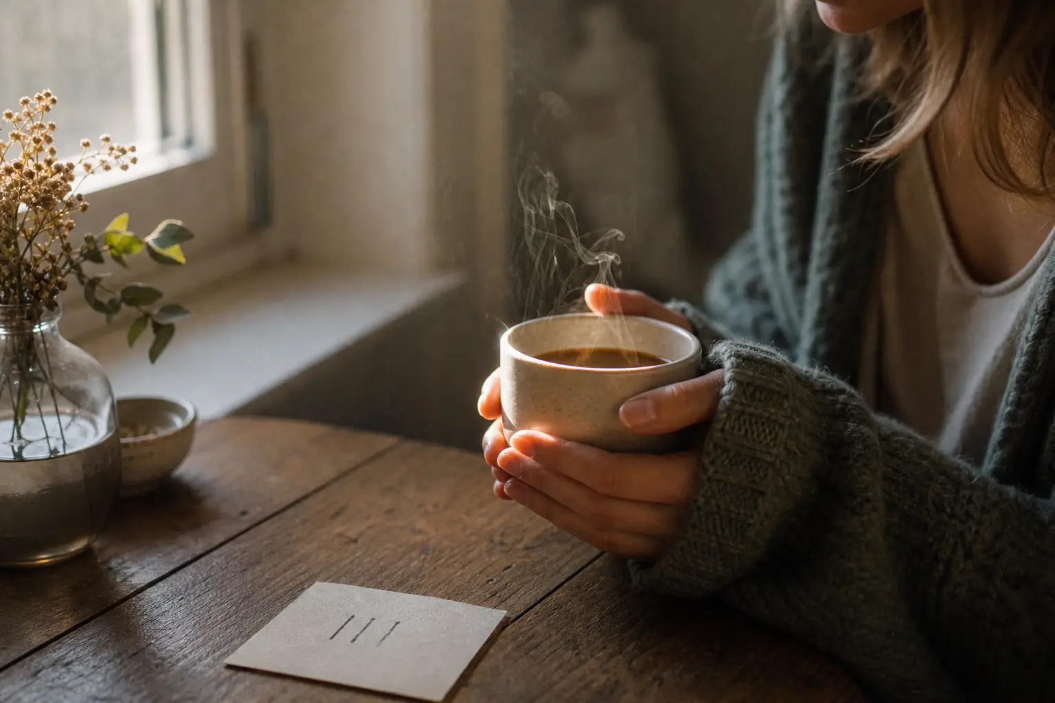 Hände halten eine dampfende Kaffeetasse im weichen Morgenlicht am Holztisch