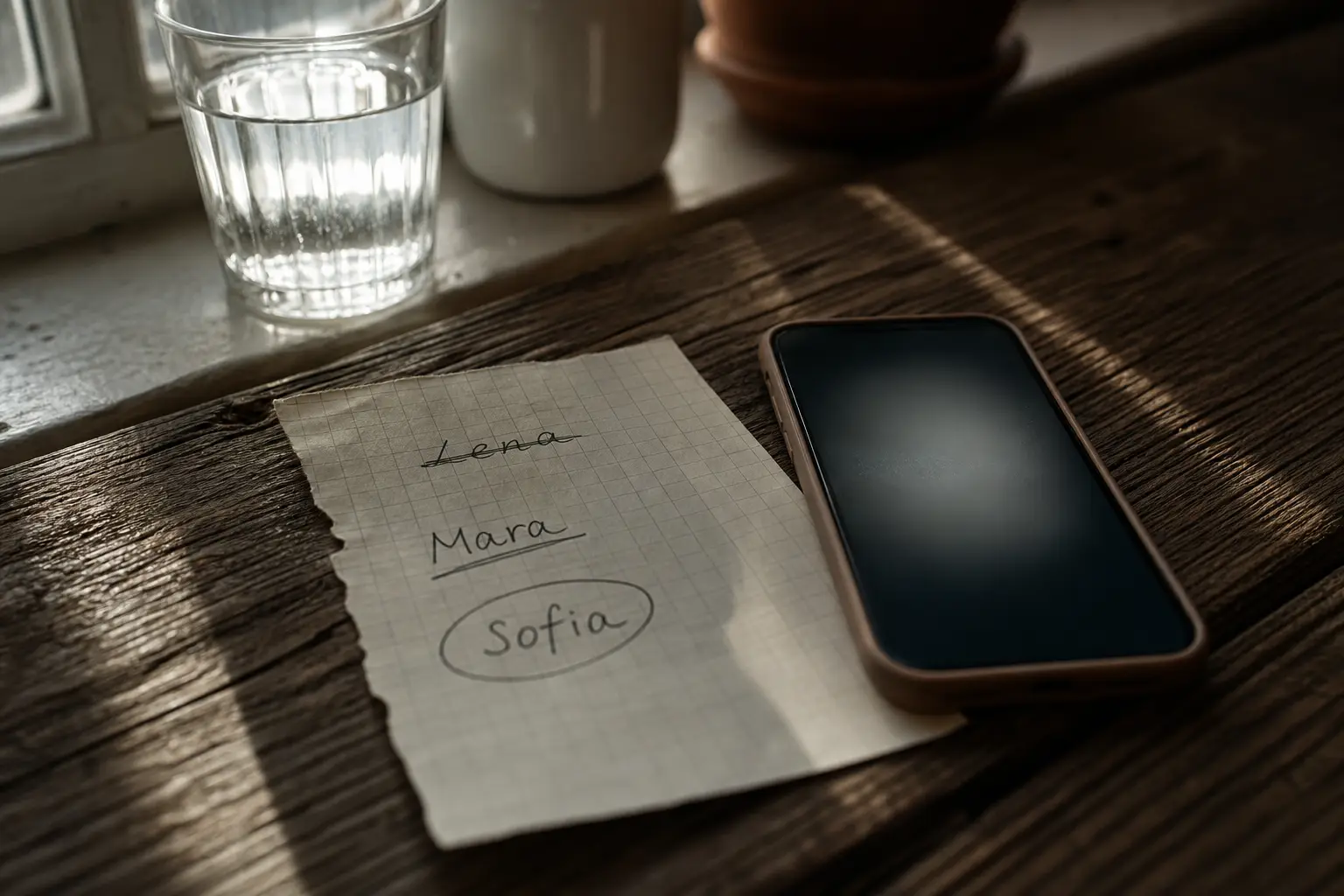 Handschriftliche Namensliste neben Smartphone auf Holztisch