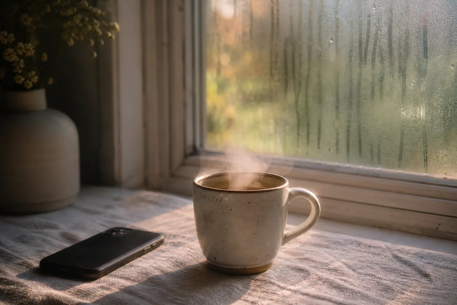 Kaffeetasse mit Dampf neben umgedrehtem Handy im Morgenlicht