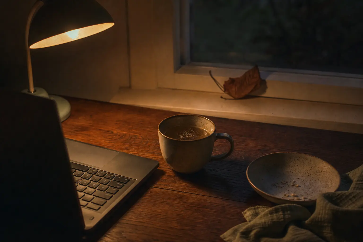 Kerzenwarmer Küchentisch am dunklen Novemberabend mit kaltem Tee und Laptop