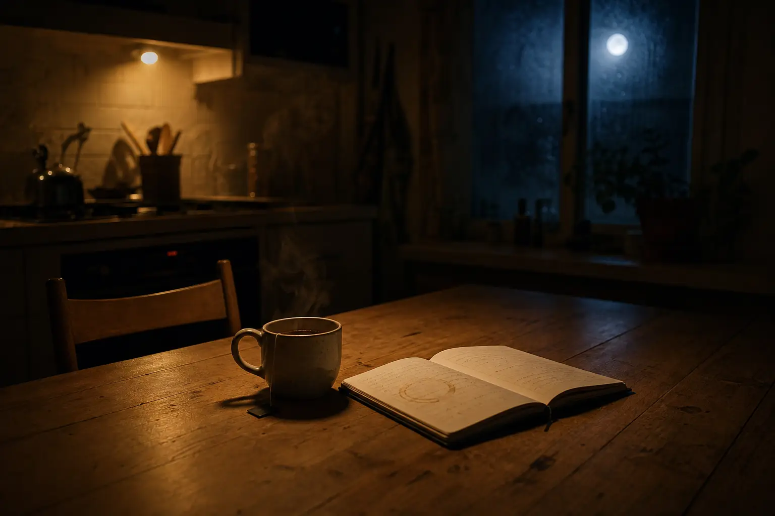 Küchentisch bei Nacht mit Teetasse im Lampenlicht