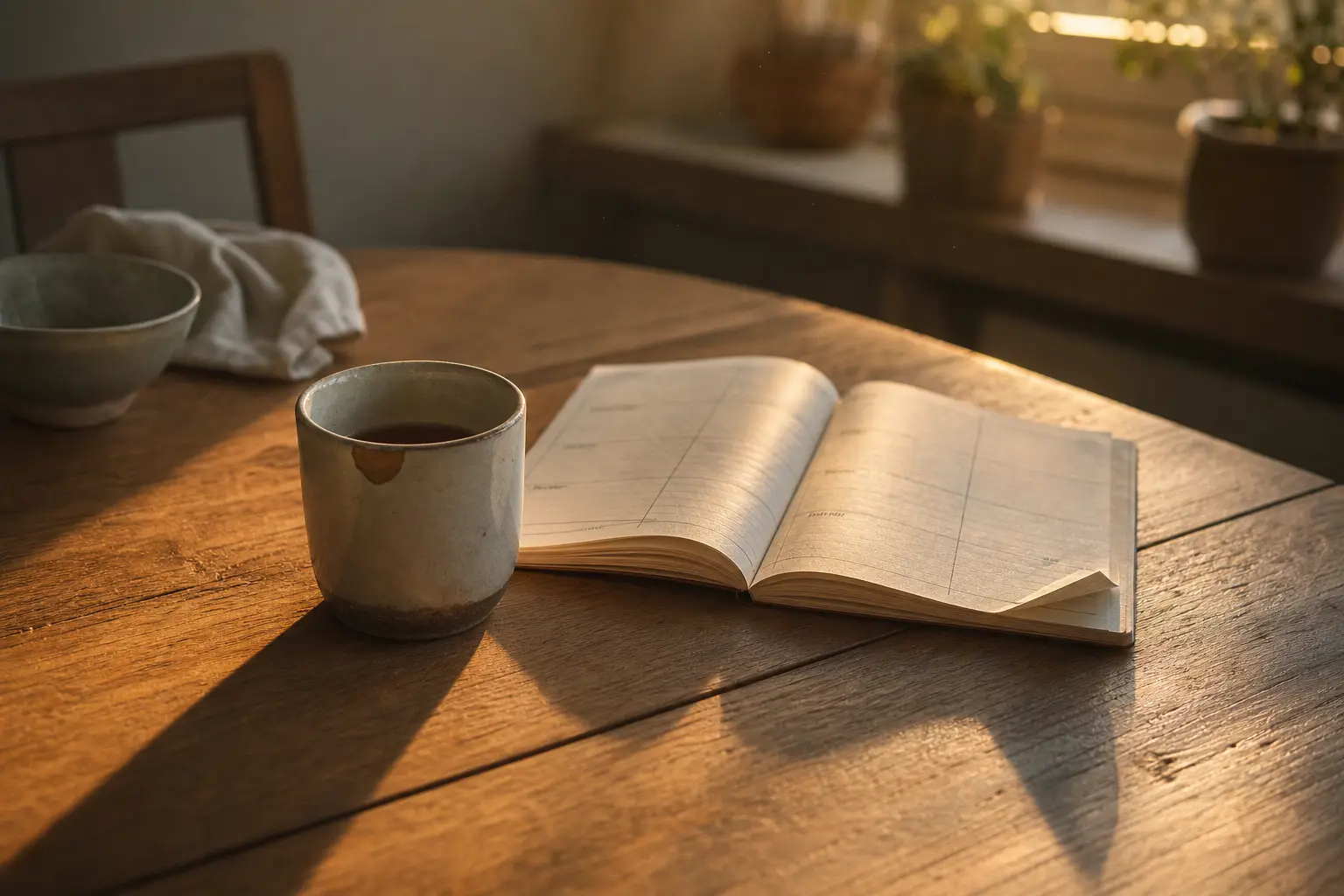 Küchentisch im Abendlicht mit Teetasse und Kalender mit Eselsohr