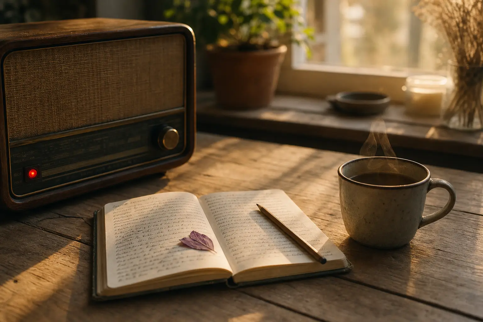 Küchentisch mit altem Radio, Notizbuch und Kaffeetasse im Morgenlicht