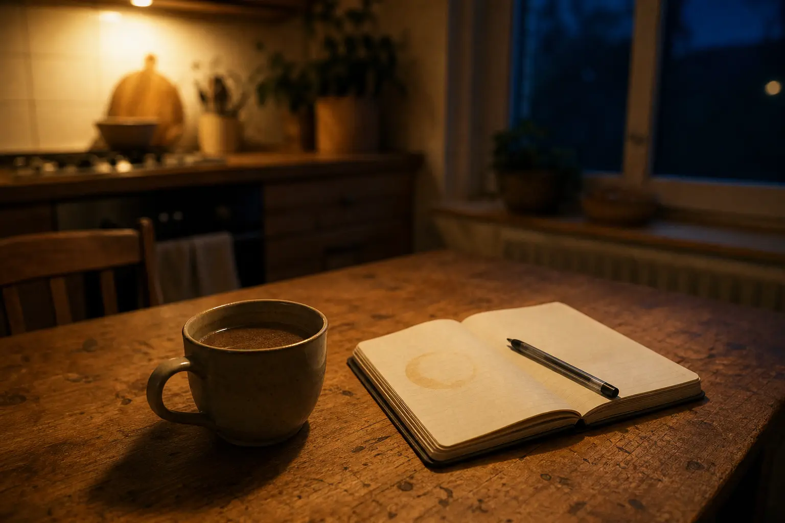 Lauwarmer Tee und Notizbuch auf Küchentisch in der Dämmerung