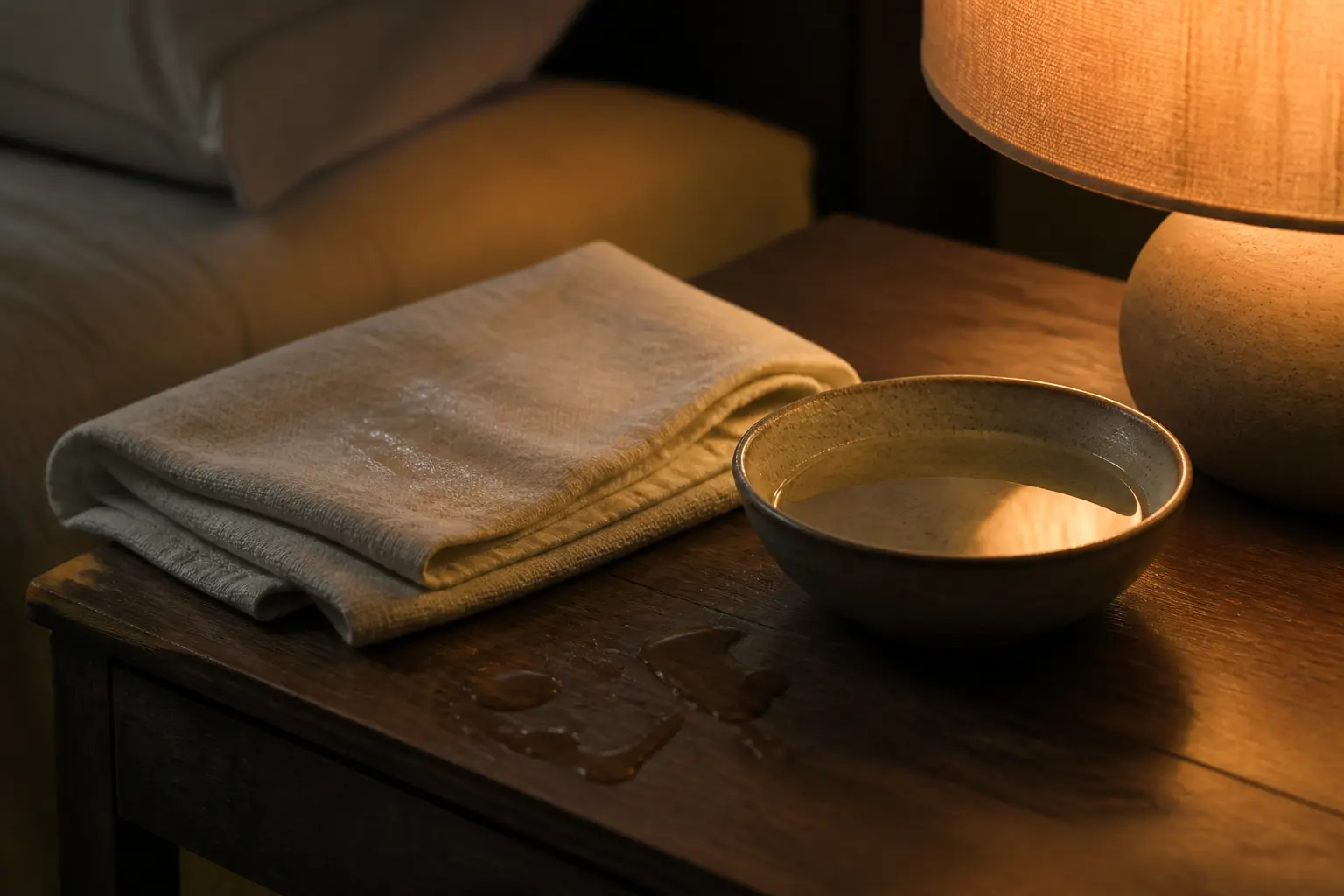 Leinenhandtuch und Wasserschüssel auf einem Nachttisch im warmen Lampenlicht