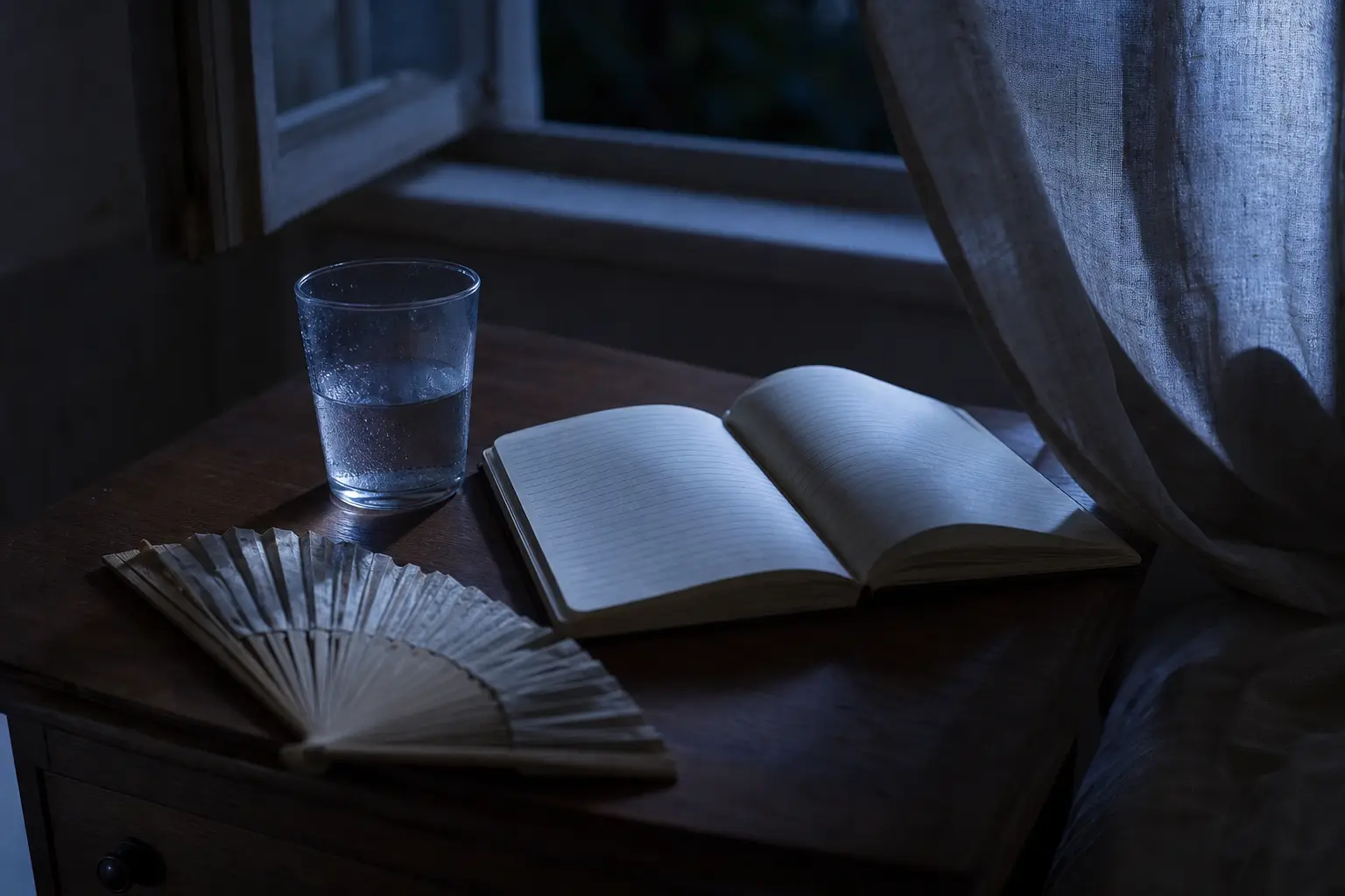 Nachttisch mit Wasserglas, Notizbuch und Fächer im Mondlicht
