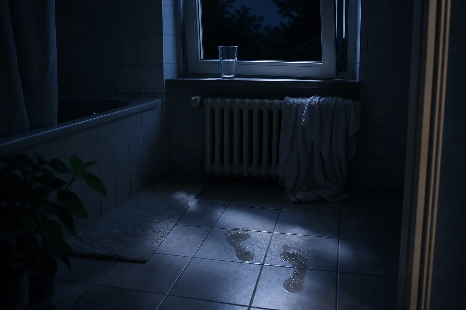 Nächtliches Badezimmer mit Fliesenboden im Mondlicht und gekipptem Fenster