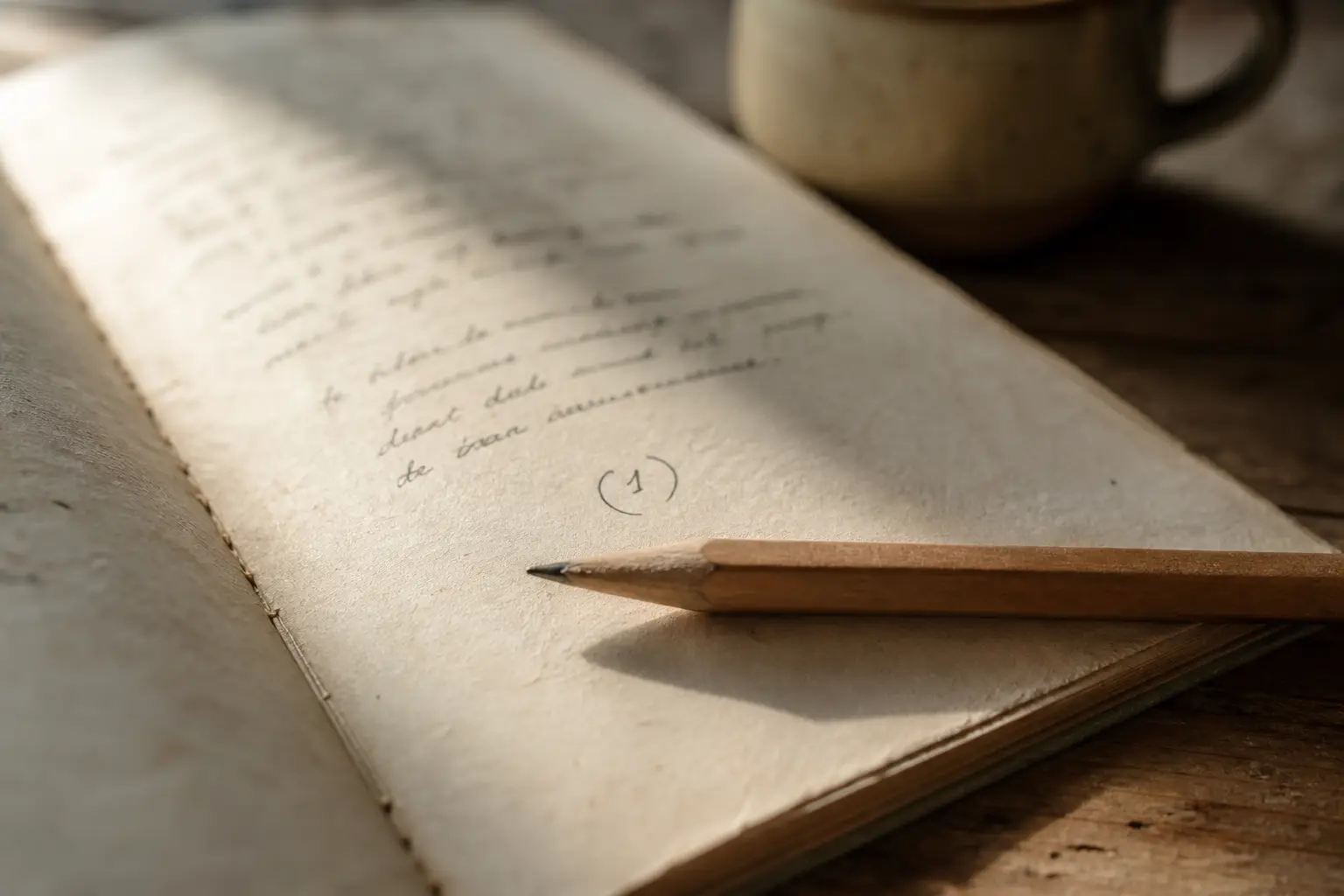 Nahaufnahme einer Heftseite mit angedeuteter Handschrift und eingekreister Zahl