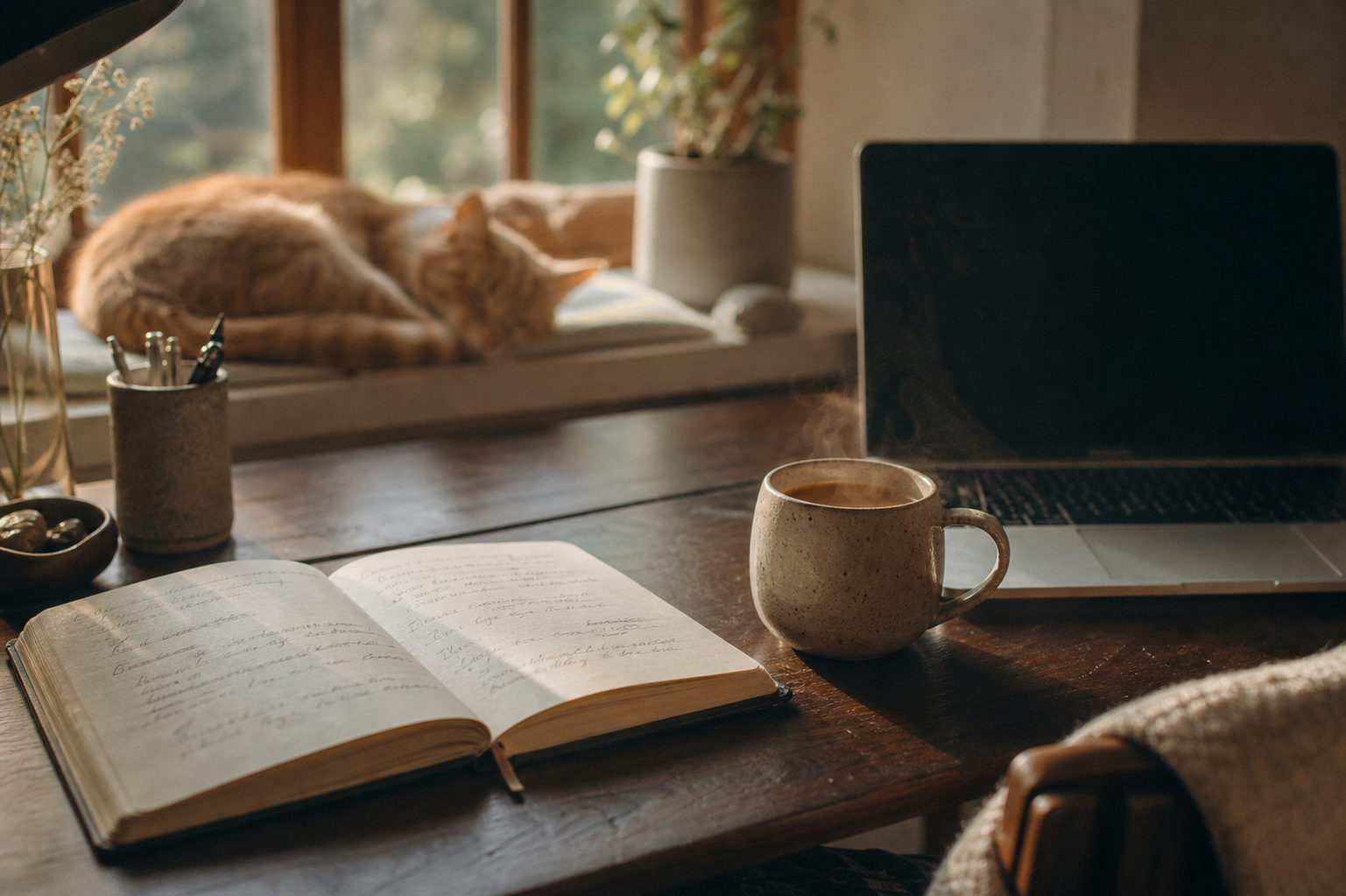 Notizbuch mit handschriftlichen Fragen neben Teetasse und Laptop, schlafende Katze im Hintergrund