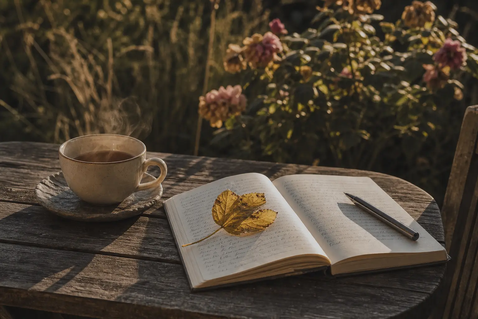 Notizbuch mit Teetasse auf einem Gartentisch im Herbstlicht, ein Blatt liegt auf der Seite