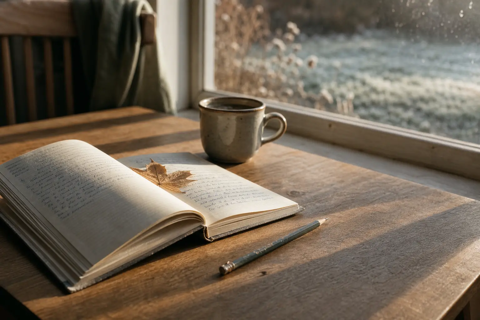 Notizheft mit Nein-Protokoll und Espressotasse am Morgentisch