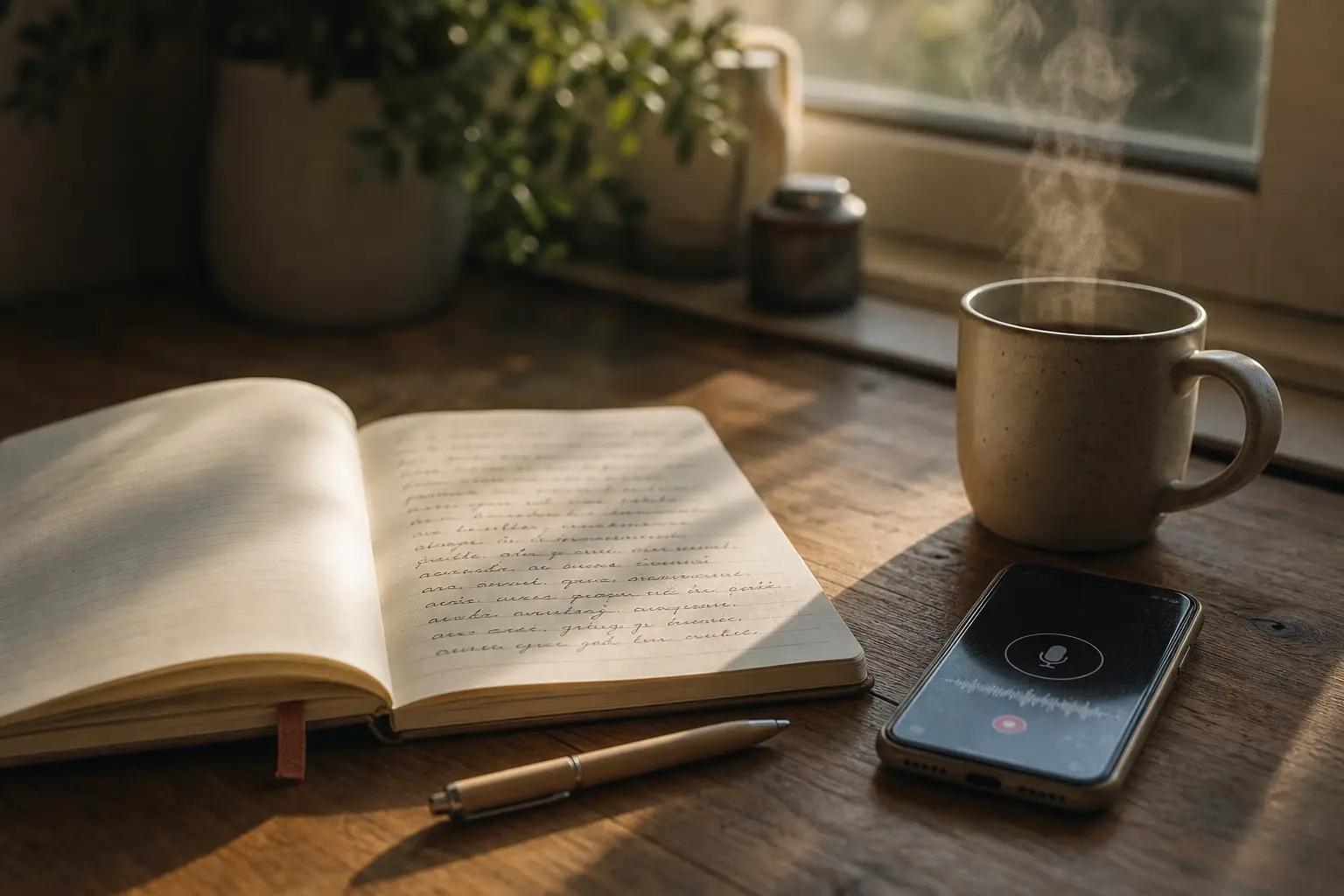 Notizheft und Handy mit Sprachnachricht auf Holztisch im Morgenlicht