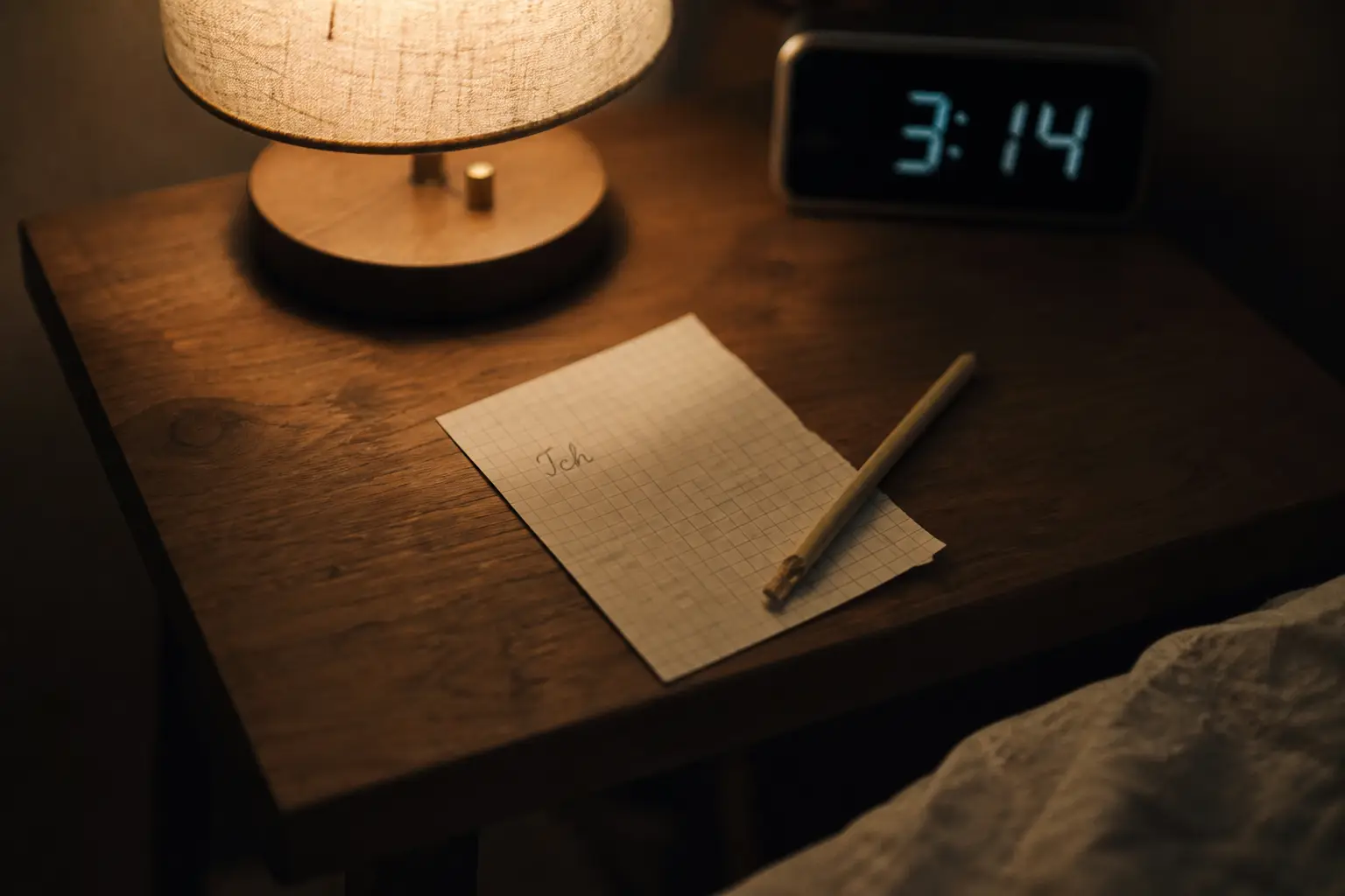 Notizzettel und angebissener Bleistift auf Nachttisch bei Nacht