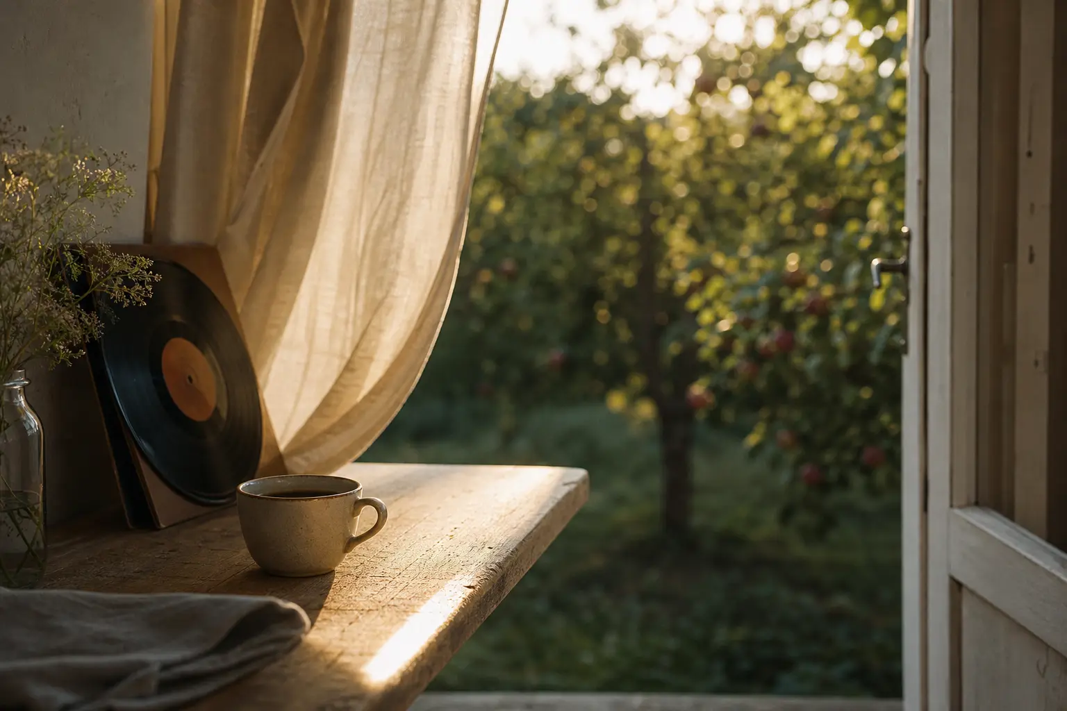 Offene Terrassentür an einem Spätsommermorgen mit Kaffeetasse auf dem Holztisch