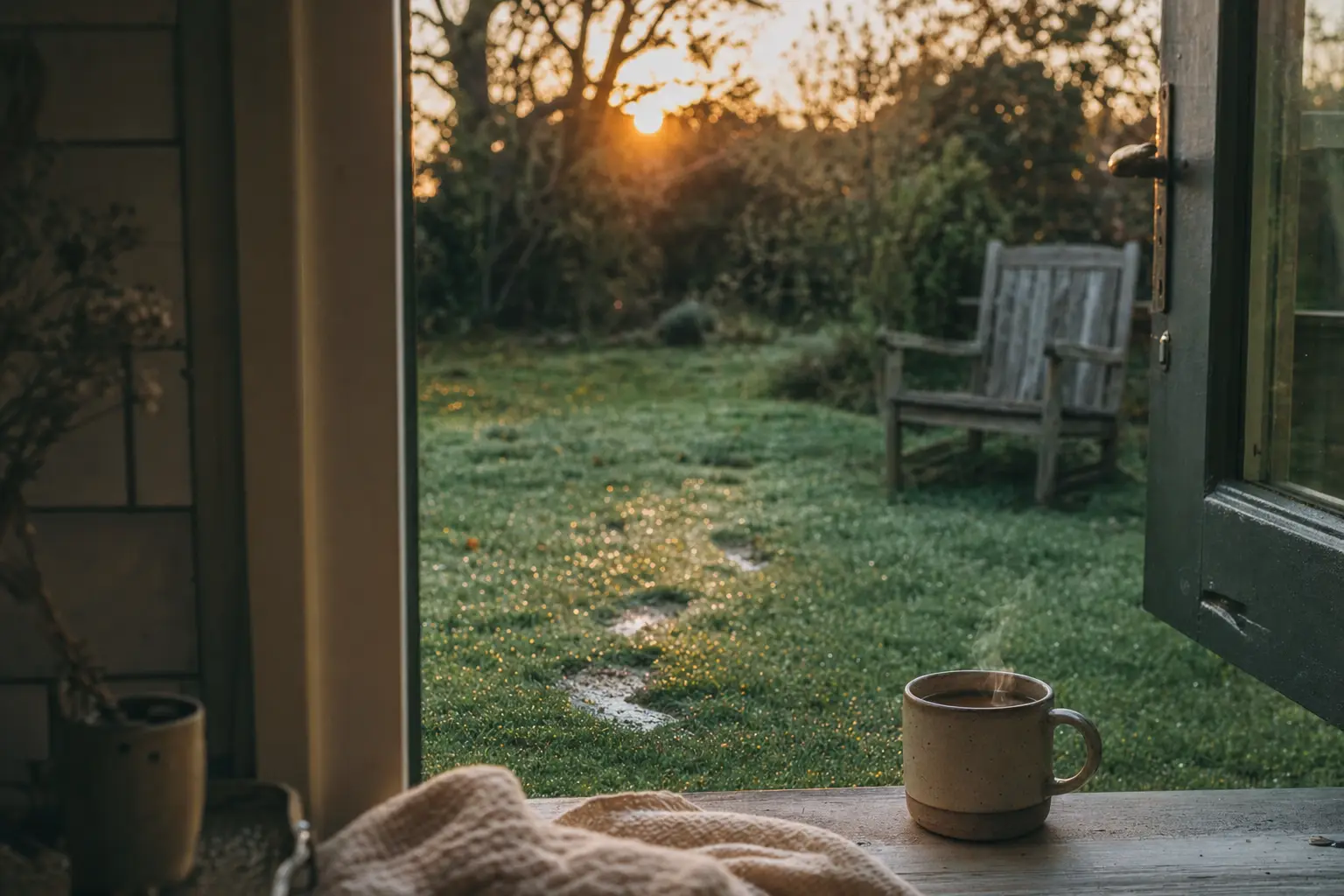 Taunasser Garten im Morgenlicht mit Kaffeetasse auf der Fensterbank