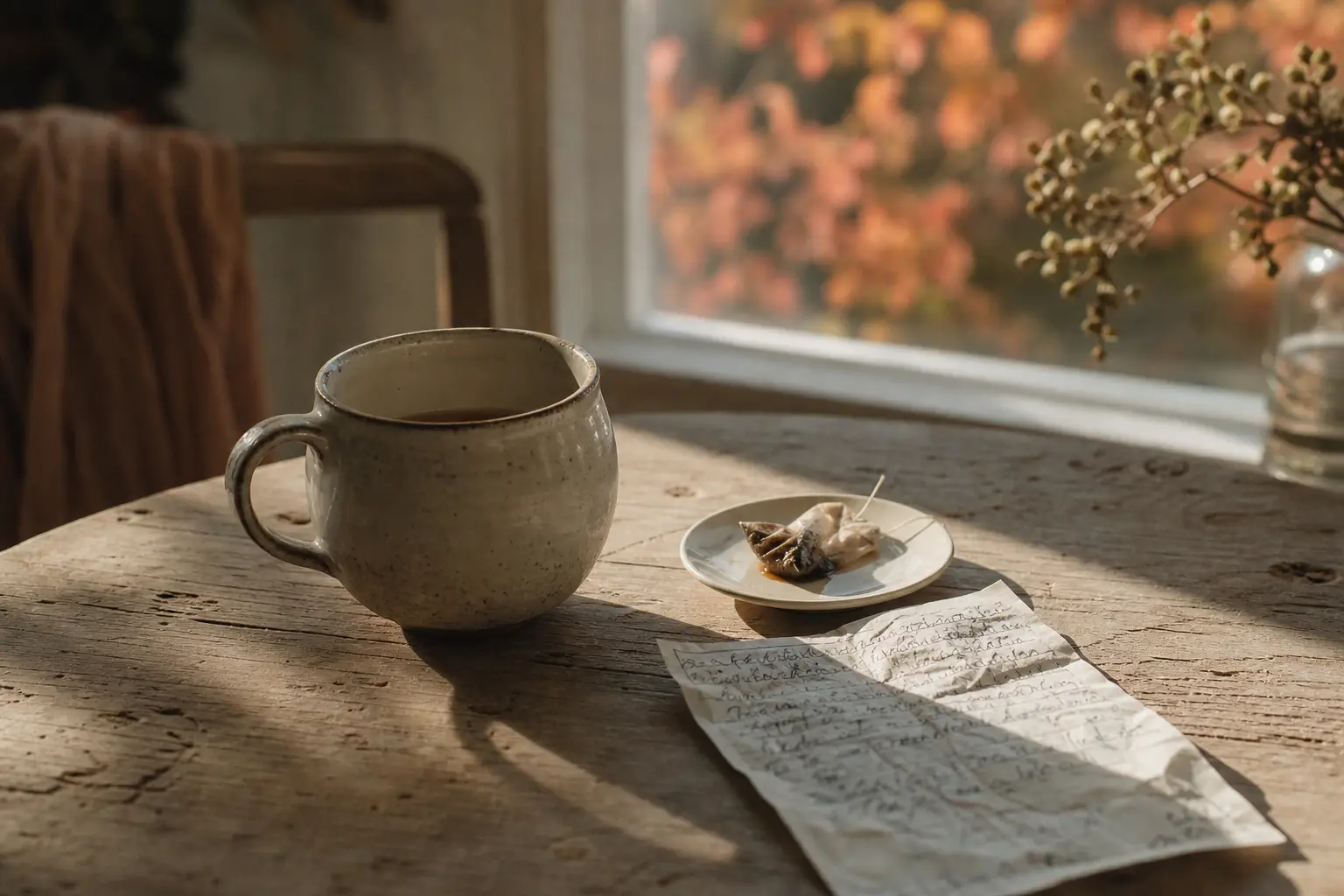 Teetasse und ausgekühlter Teebeutel auf einem Holztisch im Herbstlicht