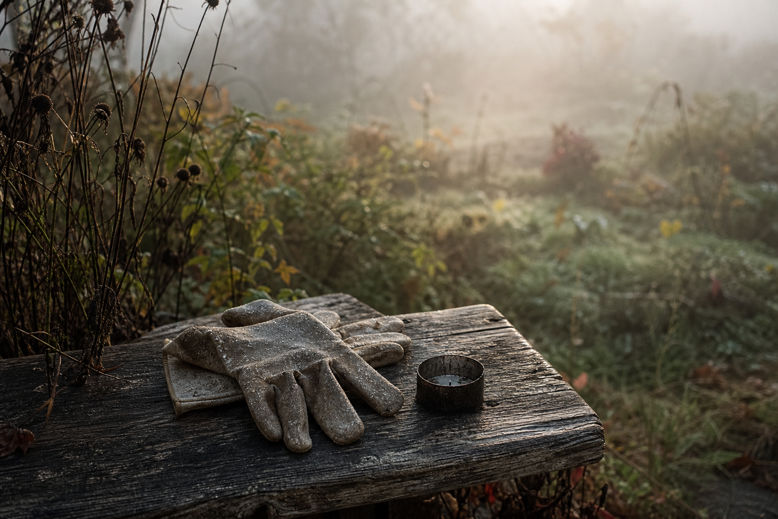 Verwitterte Gartenhandschuhe und eine leere Teelichthülle auf einer Holzbank im Nebel
