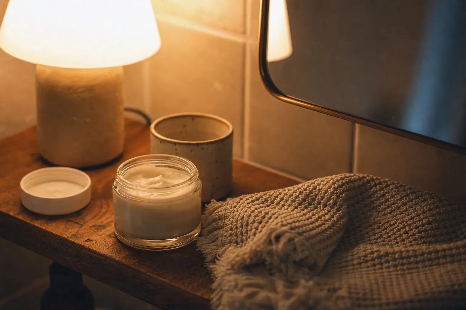 Warm beleuchtetes Badezimmerregal mit offener Cremedose am Abend