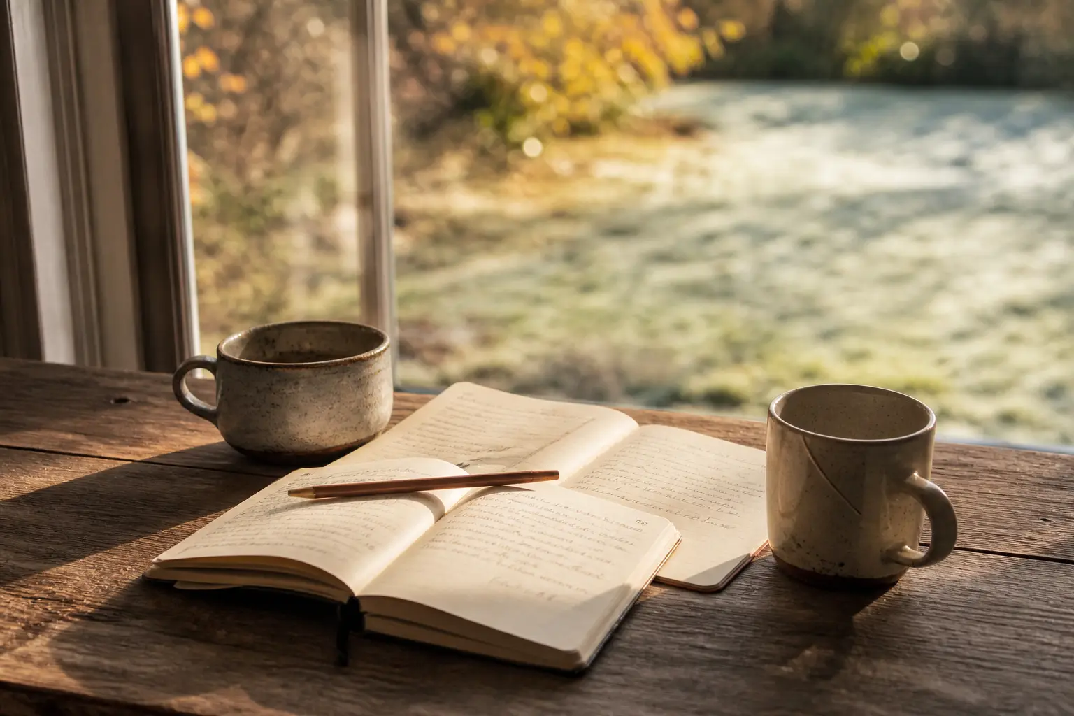 Zwei Becher und offene Notizbücher auf einem Holztisch im Herbstlicht