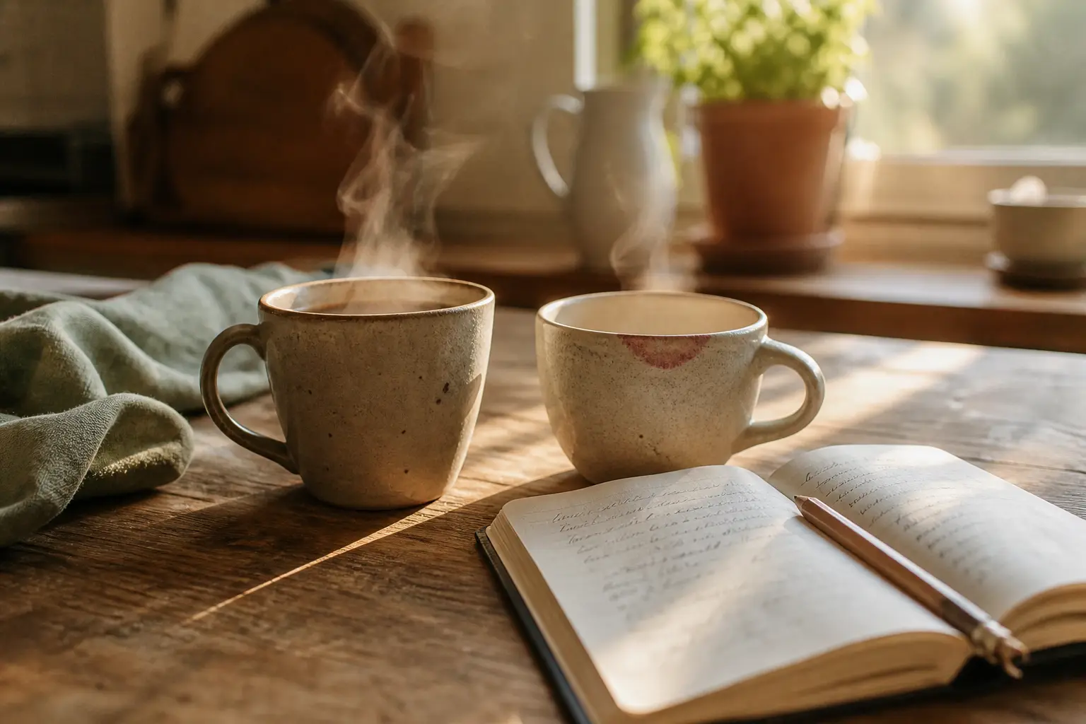 Zwei Kaffeetassen auf einem Holztisch im Morgenlicht mit Notizbuch